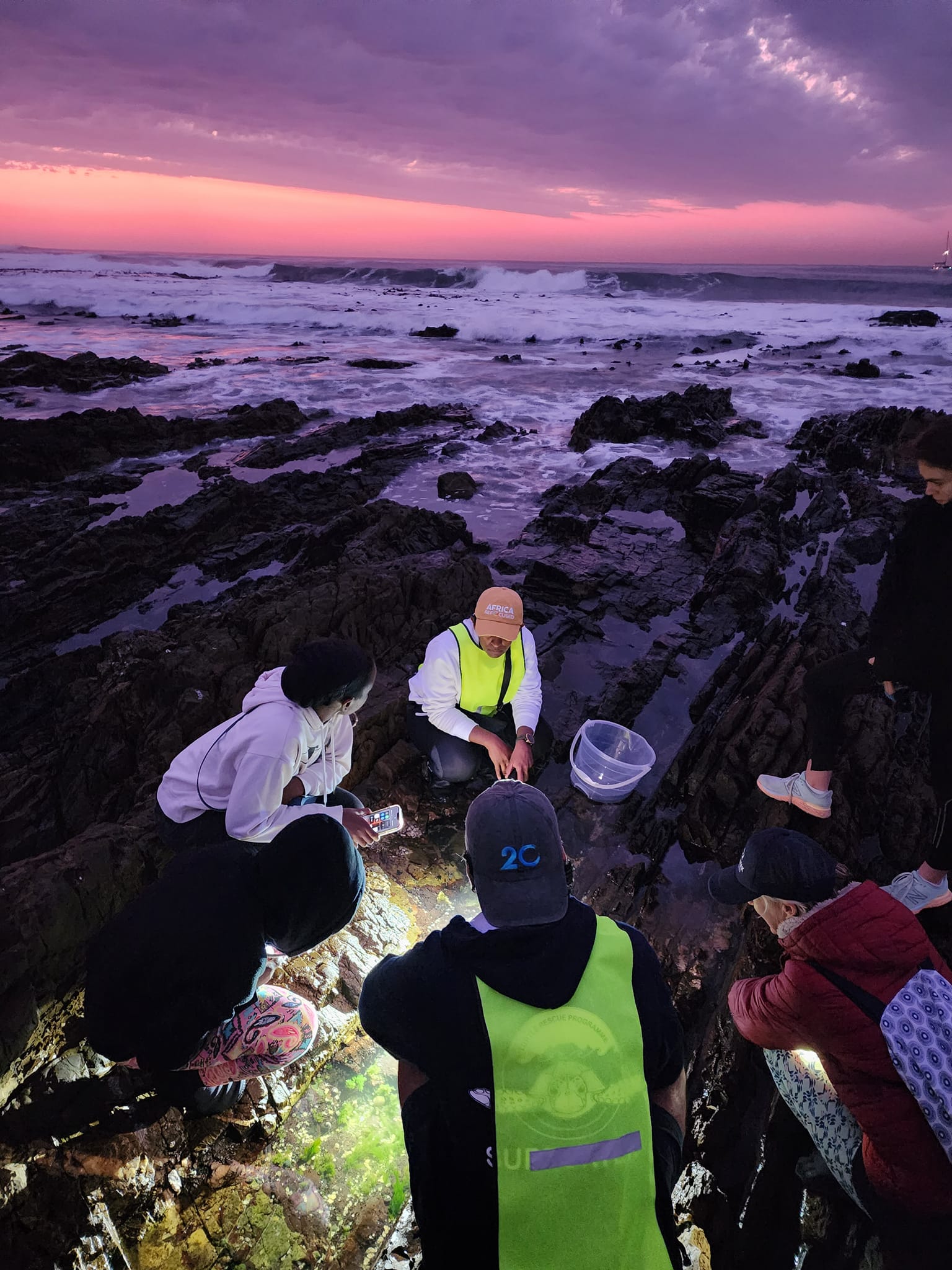 Guides and guests working the pools at dusk under a pink sky