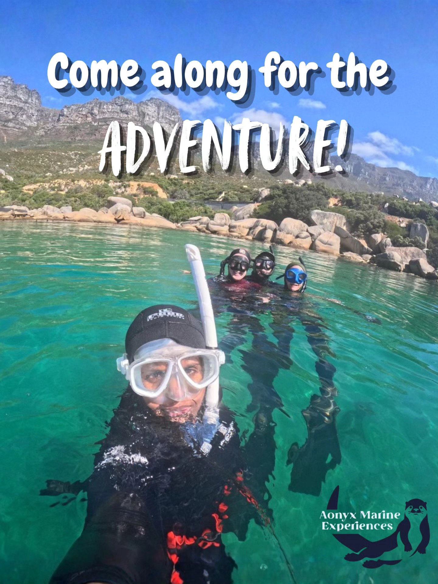Snorkellers in clear green water below the Twelve Apostles — come along for the adventure